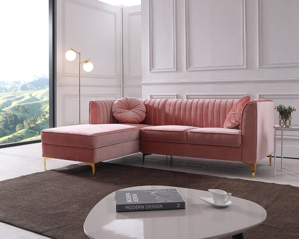 Divani Casa Rachel Modern Pink Velvet Left Facing Sectional Sofa - MONAVILLA