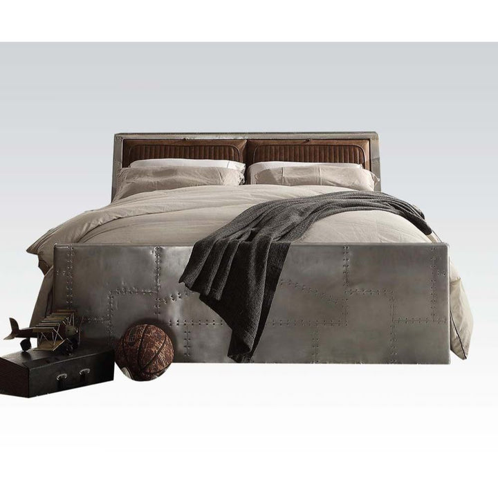 ACME Brancaster Retro Brown Top Grain Leather & Aluminum Bed Model 26220 - MONAVILLA