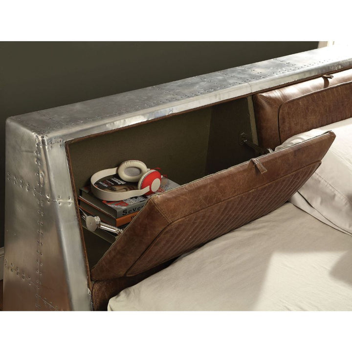 ACME Brancaster Retro Brown Top Grain Leather & Aluminum Queen Bed Model 26220Q - MONAVILLA