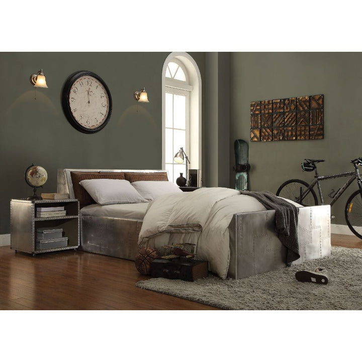 ACME Brancaster Retro Brown Top Grain Leather & Aluminum Queen Bed Model 26220Q - MONAVILLA