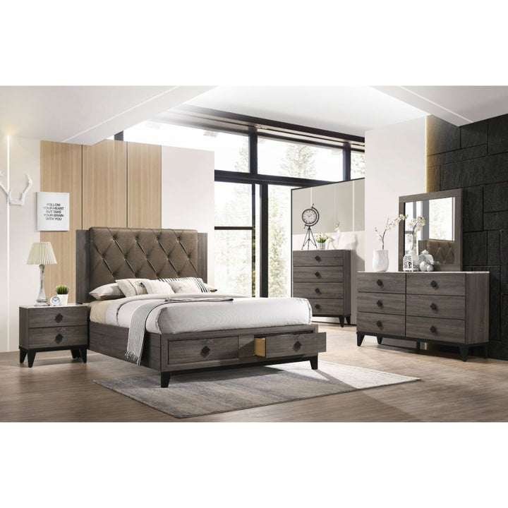 ACME Avantika Fabric & Rustic Gray Oak Bed Model 27670 - MONAVILLA