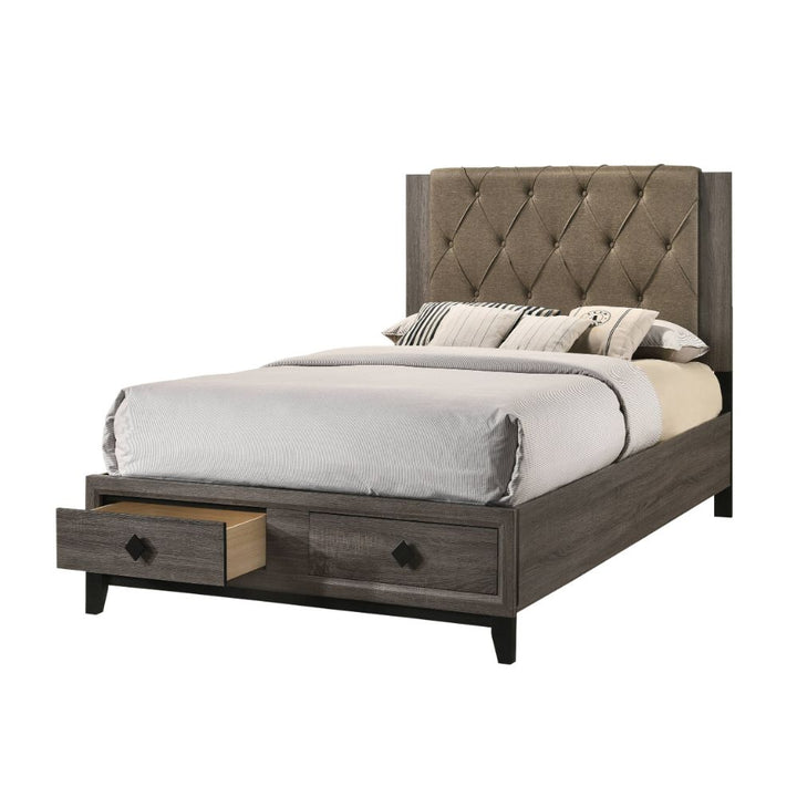 ACME Avantika Fabric & Rustic Gray Oak Bed Model 27670 - MONAVILLA