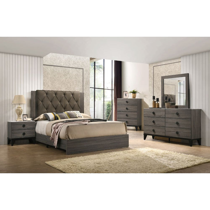 ACME Avantika Fabric & Rustic Gray Oak Bed Model 27680 - MONAVILLA