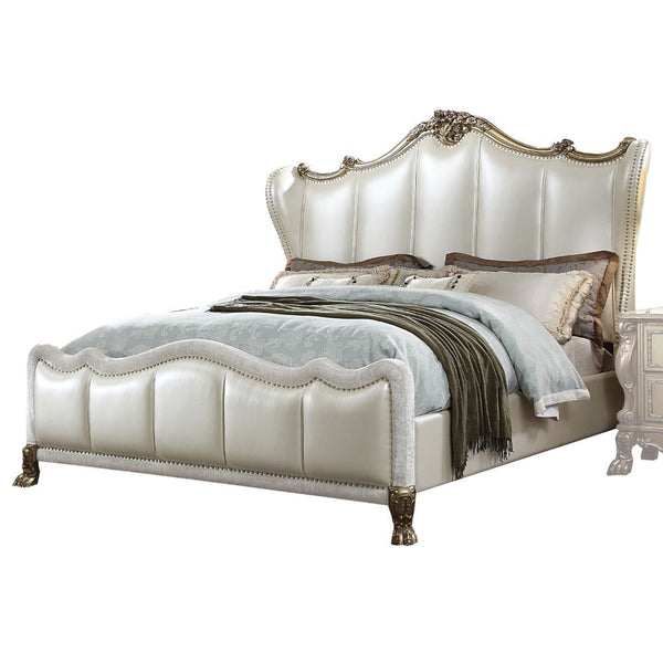 ACME Dresden II Pearl White PU & Gold Patina Queen Bed Model 27820Q - MONAVILLA