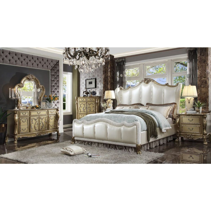 ACME Dresden II Pearl White PU & Gold Patina Bed Model 27820 - MONAVILLA