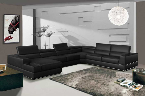 Divani Casa Pella Modern Black Italian Leather U Shaped LAF Chaise Sectional Sofa - MONAVILLA