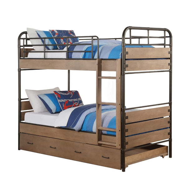 ACME Adams Antique Oak & Gunmetal Twin/Twin Bunk Bed & Trundle Model 37760 - MONAVILLA