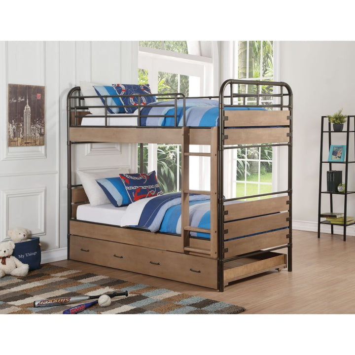 ACME Adams Antique Oak & Gunmetal Twin/Twin Bunk Bed & Trundle Model 37760 - MONAVILLA