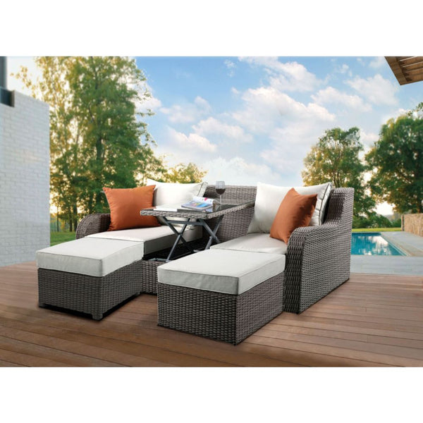 ACME Salena Beige Fabric & Gray Wicker Patio Sofa & Ottoman Model 45010 - MONAVILLA