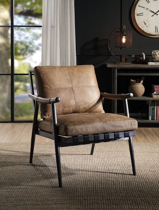 ACME Anzan Berham Chestnut Top Grain Leather & Matt Iron Finish Accent Chair Model 59949 - MONAVILLA