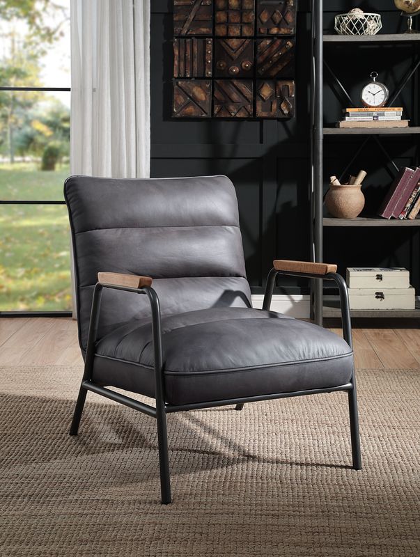 ACME Nignu Gray Top Grain Leather & Matt Iron Finish Accent Chair Model 59950 - MONAVILLA