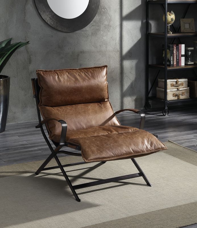 ACME Zulgaz Cocoa Top Grain Leather & Matt Iron Finish Accent Chair Model 59951 - MONAVILLA