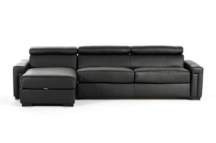 Estro Salotti Sacha Modern Black Leather Reversible Sectional Sofa Bed with Storage - MONAVILLA