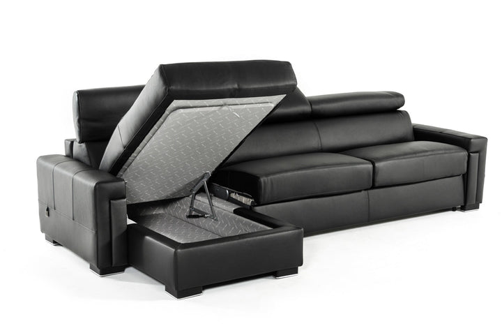 Estro Salotti Sacha Modern Black Leather Reversible Sectional Sofa Bed with Storage - MONAVILLA