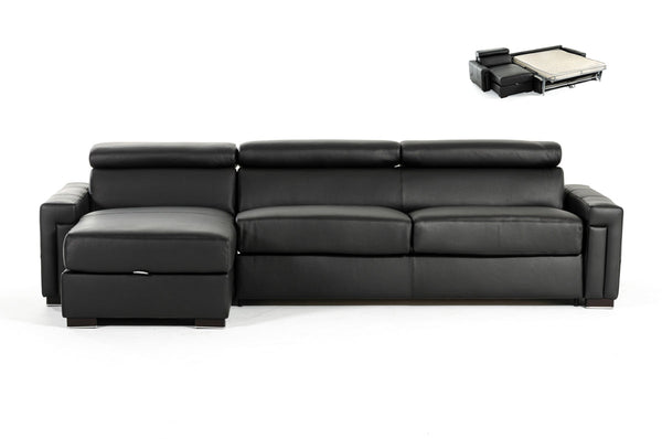 Estro Salotti Sacha Modern Black Leather Reversible Sectional Sofa Bed with Storage - MONAVILLA