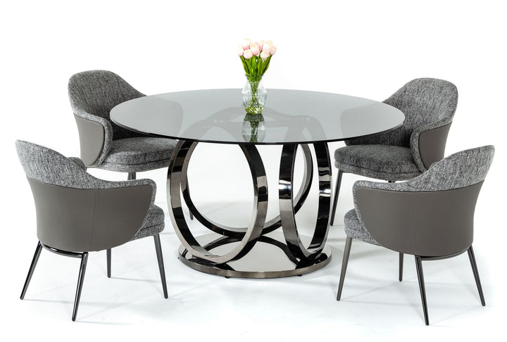 Modrest Enid Modern Smoked Glass & Black Stainless Steel Round Dining Table - MONAVILLA