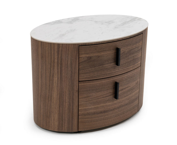 Modrest Chelton Contemporary White Ceramic & Walnut Oval Nightstand - MONAVILLA