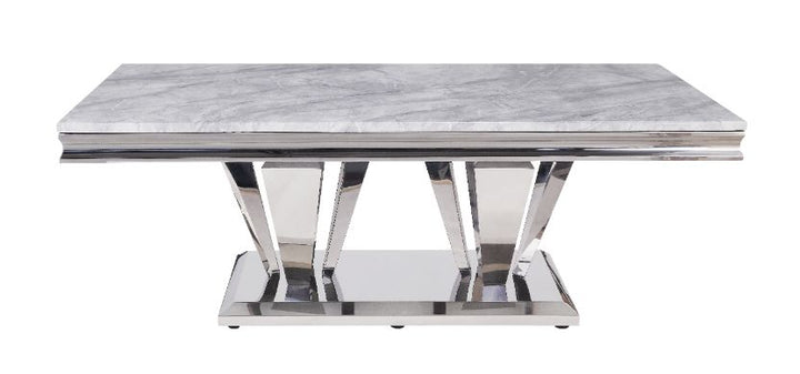 ACME Satinka Light Gray Printed Faux Marble & Mirrored Silver Finish Coffee Table Model 87215 - MONAVILLA