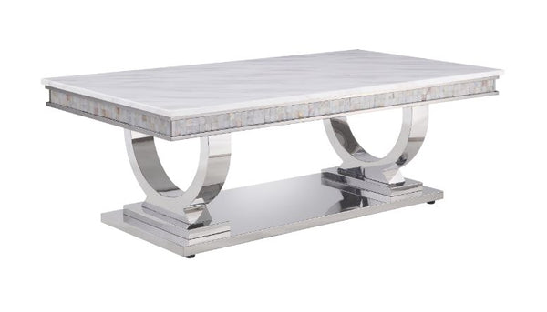 ACME Zander White Printed Faux Marble & Mirrored Silver Finish Coffee Table Model 87355 - MONAVILLA