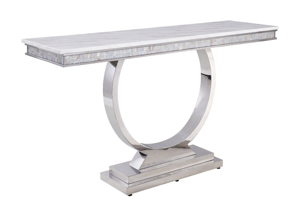 ACME Zander White Printed Faux Marble & Mirrored Silver Finish Accent Table Model 87359 - MONAVILLA