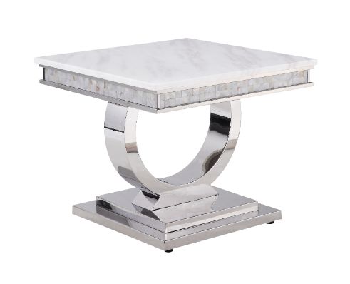 ACME Zander White Printed Faux Marble & Mirrored Silver Finish Accent Table Model 87359 - MONAVILLA