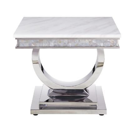 ACME Zander White Printed Faux Marble & Mirrored Silver Finish Accent Table Model 87359 - MONAVILLA