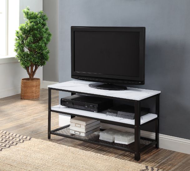 ACME Taurus White Printed Faux Marble & Black Finish TV Stand Model 91602 - MONAVILLA