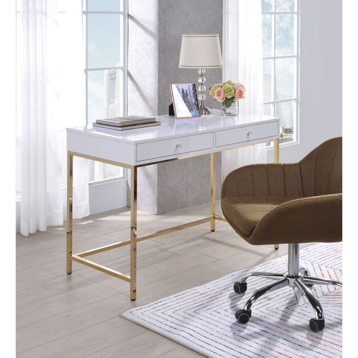 ACME Ottey White High Gloss & Gold Desk Model 92540 - MONAVILLA