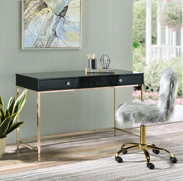 ACME Ottey Black High Gloss & Gold Finish Writing Desk Model 93540 - MONAVILLA