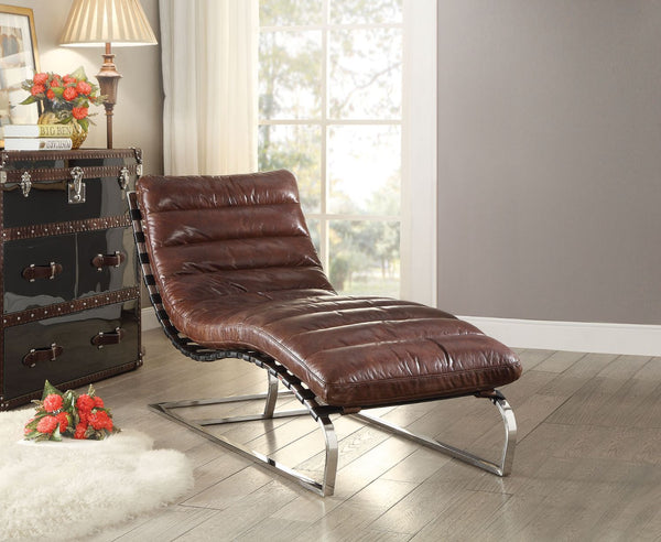 ACME Qortini Vintage Dark Brown Top Grain Leather & Stainless Steel Chaise Model 96670 - MONAVILLA