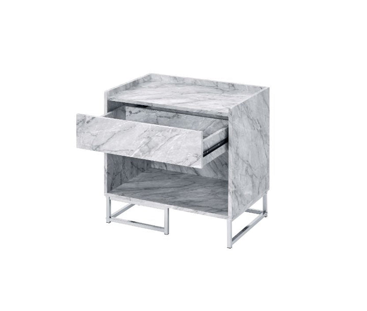 ACME Azrael White Printed Faux Marble & Chrome Finish Accent Table Model 97865 - MONAVILLA