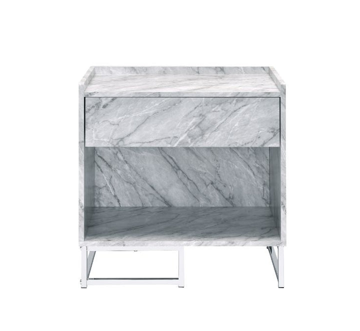 ACME Azrael White Printed Faux Marble & Chrome Finish Accent Table Model 97865 - MONAVILLA