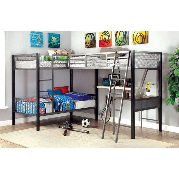 Furniture Of America Ballarat Silver Contemporary Triple Twin Bunk Bed With Desk Model CM-BK1049 - MONAVILLA