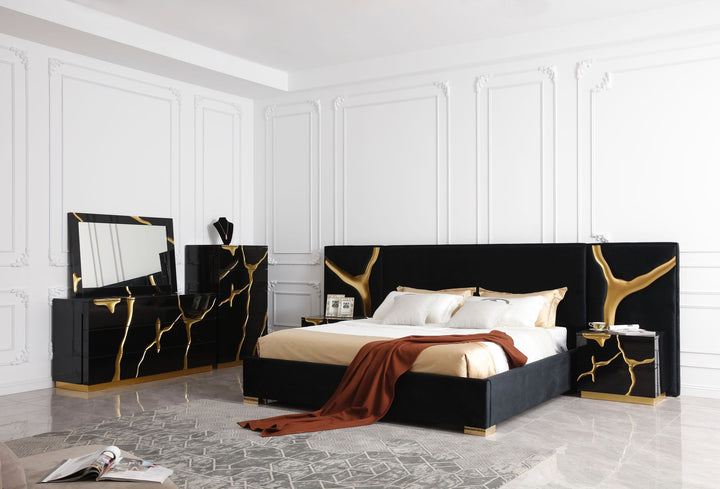 Modrest Aspen Eastern King Glam Black Velvet & Gold Bed - MONAVILLA