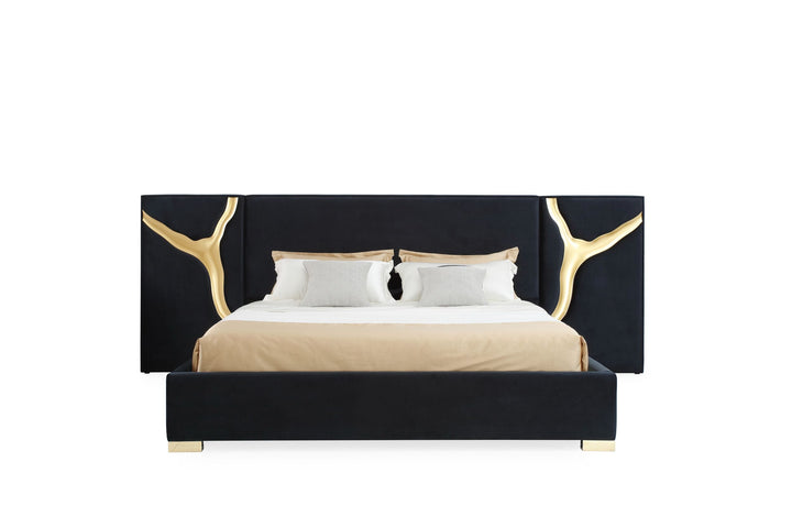 Modrest Aspen Eastern King Glam Black Velvet & Gold Bed - MONAVILLA