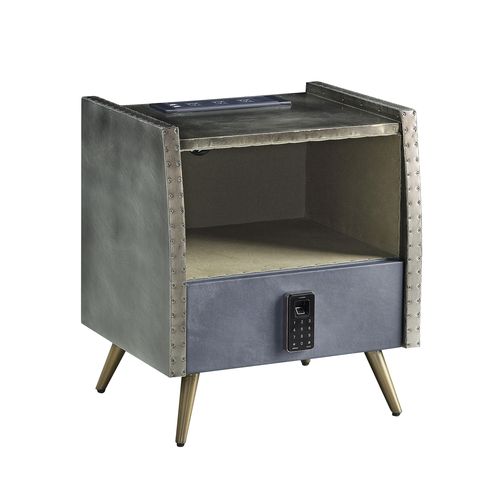 ACME Doris Gray Top Grain Leather & Aluminum Nightstand Model BD00440 - MONAVILLA