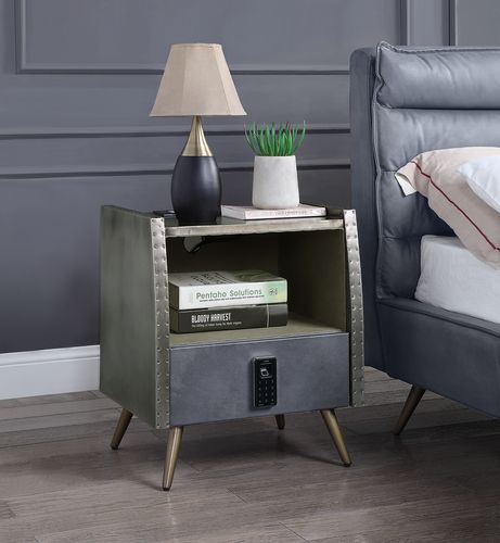 ACME Doris Gray Top Grain Leather & Aluminum Nightstand Model BD00440 - MONAVILLA