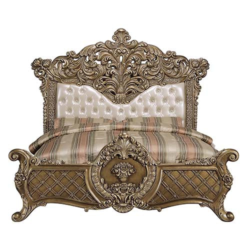 ACME Constantine Pu Leather, Light Gold, Brown & Gold Finish Eastern King Bed Model BD00471EK - MONAVILLA