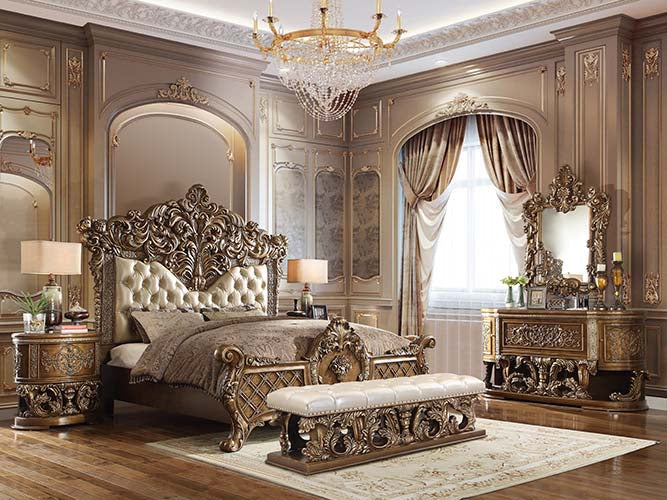 ACME Constantine Pu Leather, Light Gold, Brown & Gold Finish Eastern King Bed Model BD00471EK - MONAVILLA