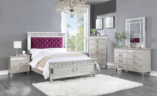 ACME Varian Burgundy Velvet, Silver & Mirrored Finish Bed Model BD01278 - MONAVILLA