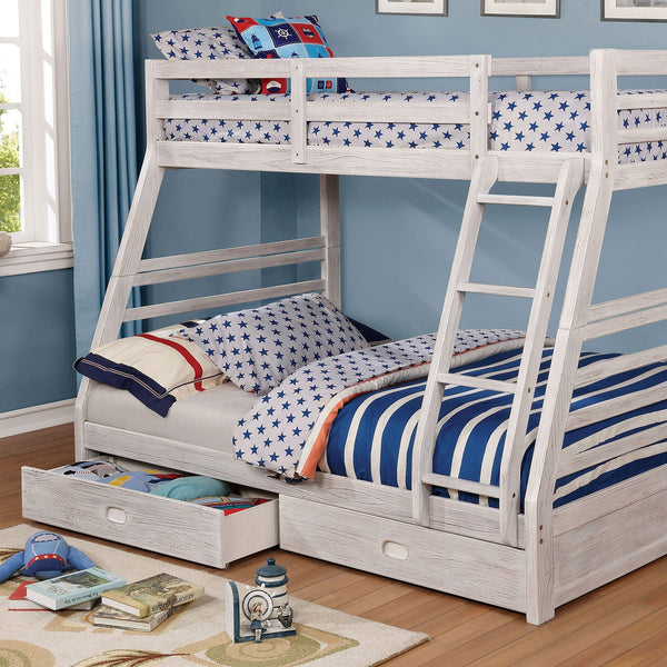 Furniture Of America California Wire-Brushed White Transitional Twin Full Bunk Bed With 2 Drawers Model CM-BK588BWH-BED - MONAVILLA