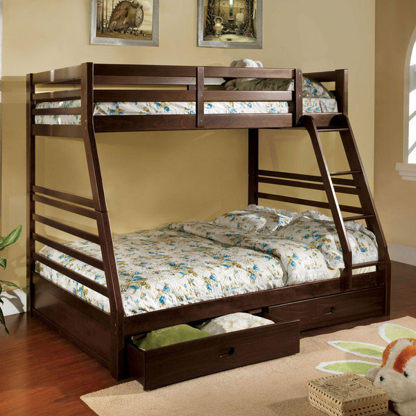 Furniture Of America California Dark Walnut Transitional Twin Full Bunk Bed With 2 Drawers Model CM-BK588EX-BED - MONAVILLA