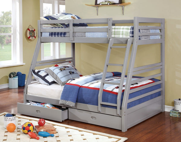 Furniture Of America California Gray Transitional Twin Full Bunk Bed With 2 Drawers Model CM-BK588GY-BED - MONAVILLA