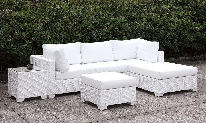 Furniture Of America Somani White Wicker/White Cushion Contemporary 3 Pc Se Table + Coffee + 2 End + Ottoman Model CM-OS2128WH-SET15 - MONAVILLA