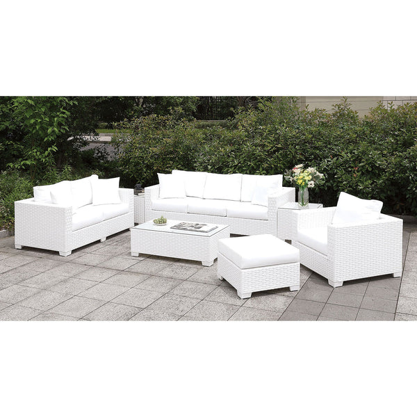 Furniture Of America Somani White Wicker/White Cushion Contemporary L-Sectional + Large Ottoman + End Table + Chair + Ottoman Model CM-OS2128WH-SET18 - MONAVILLA