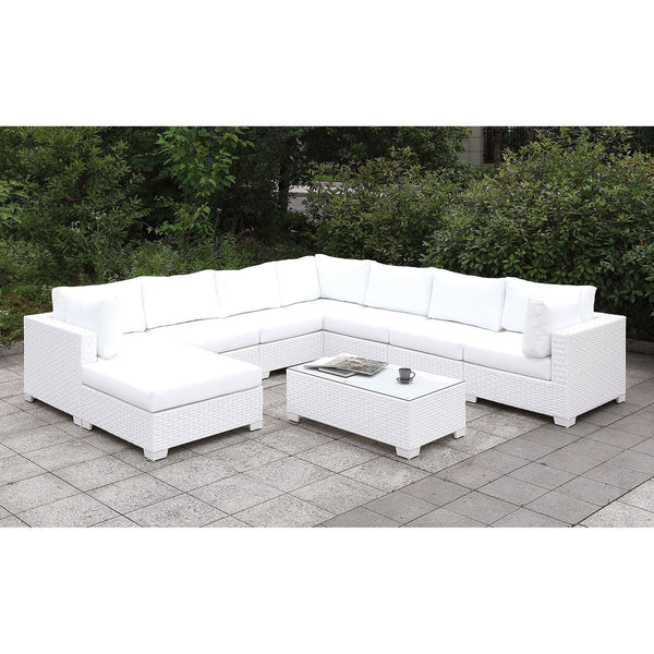 Furniture Of America Somani White Wicker/White Cushion Contemporary U-Sectional + Bench + End Table Model CM-OS2128WH-SET1 - MONAVILLA