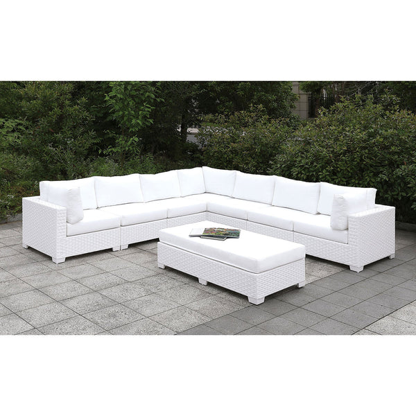 Furniture Of America Somani White Wicker/White Cushion Contemporary U-Sectional + Coffee Table + End Table Model CM-OS2128WH-SET2 - MONAVILLA