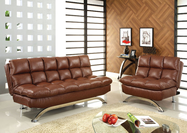 Furniture Of America Aristo Saddle Brown/Chrome Contemporary Futon Sofa + Chair Model CM2906-2PC - MONAVILLA