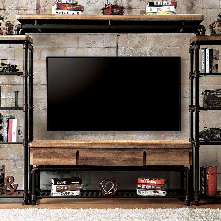 Furniture Of America Kebbyll Antique Black/Natural Tone Industrial 60" Tv Stand Model CM5913-TV-PK - MONAVILLA