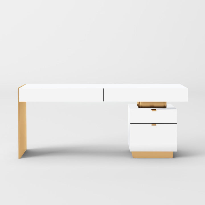 Modrest Trahan Modern Gloss White and Brushed Gold Office Desk - MONAVILLA